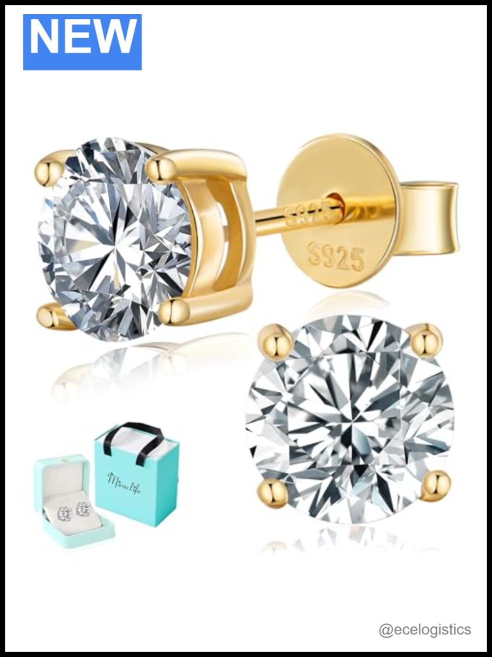 Moissanite Stud Earrings 0.6-6CT Gold Plated S925 4 Prong